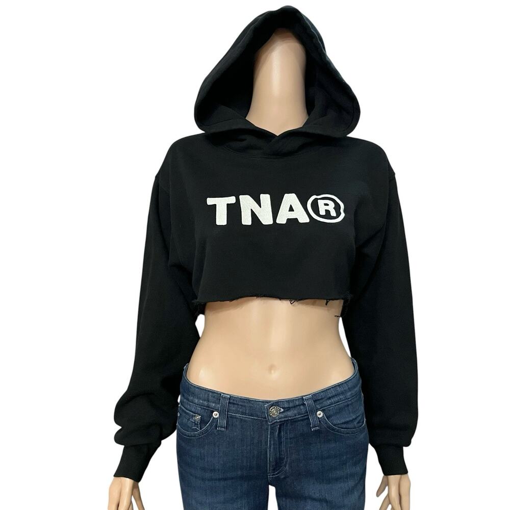 TNA Cozy Fleece Perfect Fit Logo Sweatshirt Small Cutoff Cropped Black Aritzia